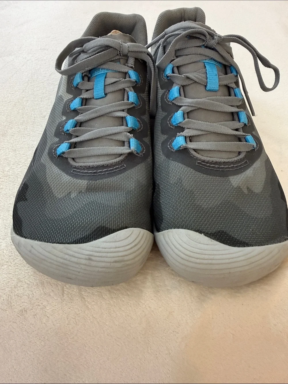Merrell Barefoot Multi-Gray Camouflage Sneakers with blue accents.